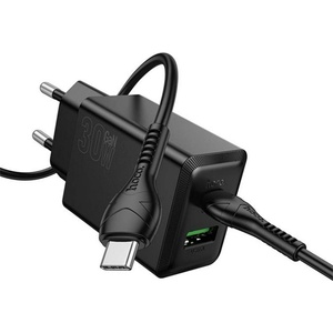 hoco. N71 Променливотоково зарядно устройство USB+Type-C гнездо 30W, PD бързо зарядно устройство 3.0 + Type-C кабел, ЧЕРНО N71_TYPEC_B (N71_TYPEC_B)