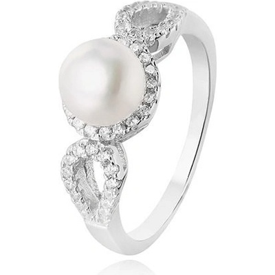 Beneto strieborný prsteň s kryštálmi a pravou perlou AGG205