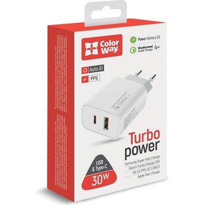 ColorWay USB заряден адаптер, порт за доставка на енергия PPS USB (Type-C PD + USB QC3.0) (30 W), бял (CW-CHS037PD-WT) (CW-CHS037PD-WT)