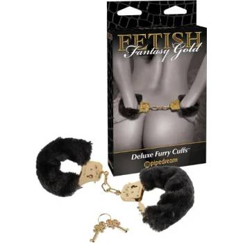 Image 1 of Златни белезници с черен плюш - Gold Deluxe Furry Cuffs (PD3996-27)