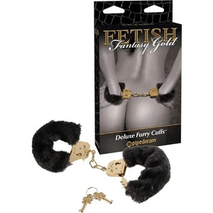  Златни белезници с черен плюш - Gold Deluxe Furry Cuffs (PD3996-27)