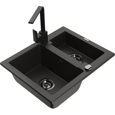 Mexen Carlos гранитна мивка с 1, 5 отделения с кухненски смесител Rita, черен/златен металик - 6518-75-670300-70-B (6518-75-670300-70-B)