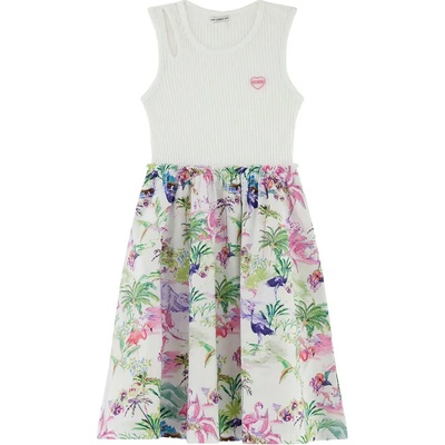 Guess Разкроена рокля за момиче с цветни детайли и бяла рипсена горна част Guess