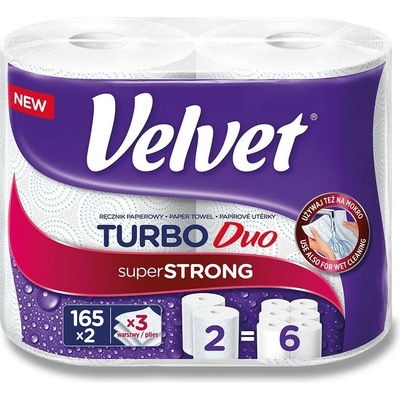 Velvet Turbo - papírové kuchyňské utěrky - 3vrstvé, 165 útržků, 2 role