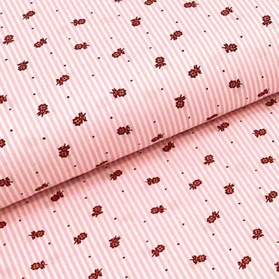 Bavlněné plátno P0471 růžovo-bílý pruh, červené tečky a kytky, š.140