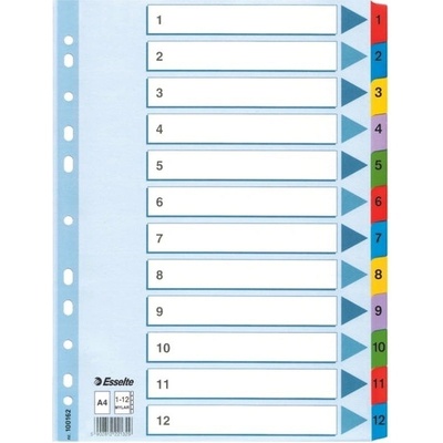 ESSELTE Zesílené rejstříky Mylar, mix barev, karton, A4, 1-12, ESSELTE 400280