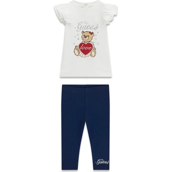 Guess Бяла тениска с цветно мече и сребрист надпис Guess и син клин за бебе момиче