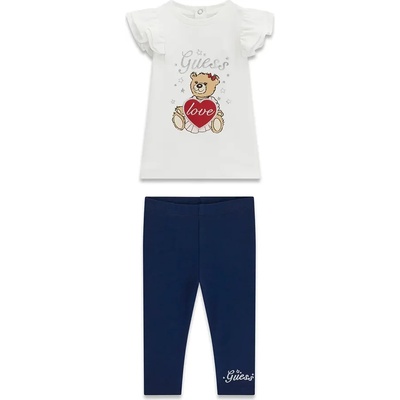 Guess Бяла тениска с цветно мече и сребрист надпис Guess и син клин за бебе момиче