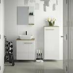 Krofam e-L_WOOD комплект бели висящи шкафове 59 см, кафяв плот 61 см и огледало (139-0007+139-0054+139-0009)