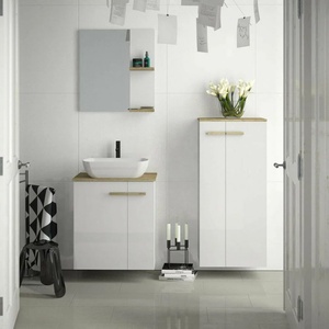 Krofam e-L_WOOD комплект бели висящи шкафове 59 см, кафяв плот 61 см и огледало (139-0007+139-0054+139-0009)