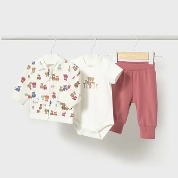 Mayoral Анцуг 3 части боди, керемиден панталон и бял суичър с мечета за новородено момче Mayoral