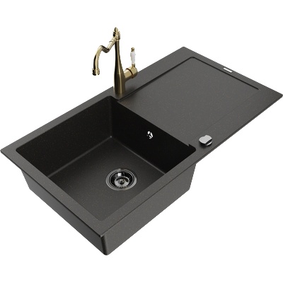 Mexen Leo гранитна мивка с 1 отделение и отцедник и кухненски смесител Carla, черен/златен металик - 6501-75-670700-50-B (6501-75-670700-50-B)