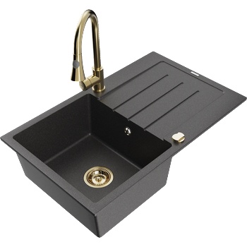 Mexen Bruno мивка с гранит 1-камерна с отцедник и кухненска батерия Elia, черно с пръски - 6513-76-670101-50 (6513-76-670101-50)