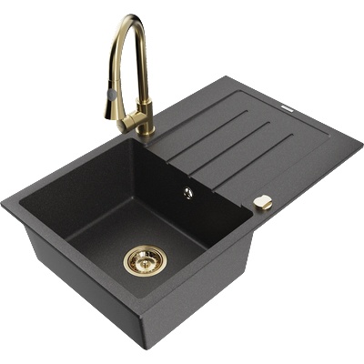 Mexen Bruno мивка с гранит 1-камерна с отцедник и кухненска батерия Elia, черно с пръски - 6513-76-670101-50 (6513-76-670101-50)