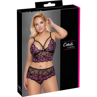 Cottelli Plus Size květovaný set podprsenky černý-fialový – Zboží Mobilmania