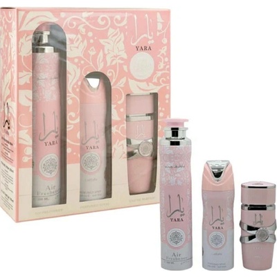 Lattafa Yara EDP 100 ml + deospray 200 ml + bytová vôňa 300 ml darčeková sada