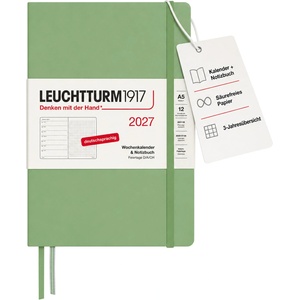 Leuchtturm1917 Weekly Calendar 2027 Dotted Medium (A5) with Notebook - Appointment Planner German, Sage, January-December 2027, Weekly Overview on the Left + Notes Page on the Right - 400094 (400094)