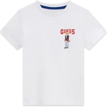 GUESS Бяла тениска за мини момче с червен надпис Guess и малко мече