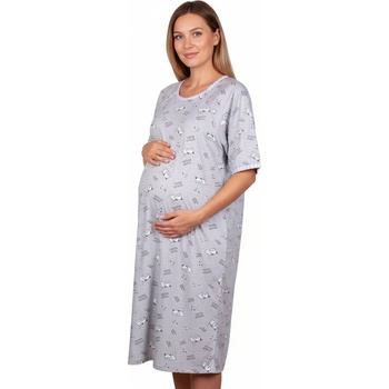 Макси нощница за кърмачки в сиво с котета и лилав кариран кант