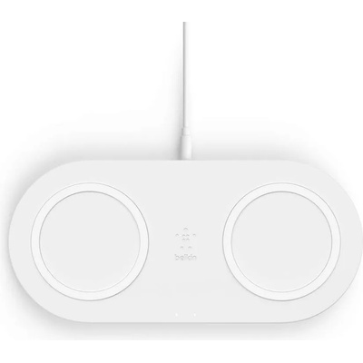 Belkin Boost Charge Dual Wireless Charging Pads - двойна поставка (пад) за безжично зареждане за Apple, Samsung, LG, Sony и други QI съвместими устройства (бял)