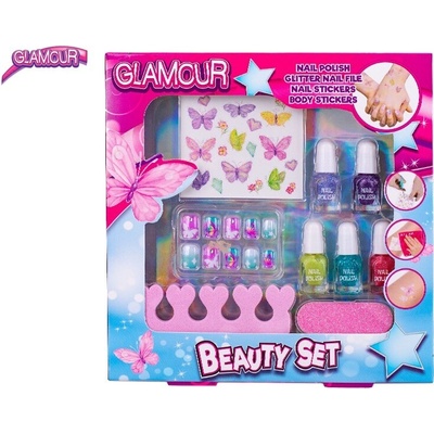 Glamour sada krásy s laky na nehty, pilníkem a nálepkami na tělo a nehty