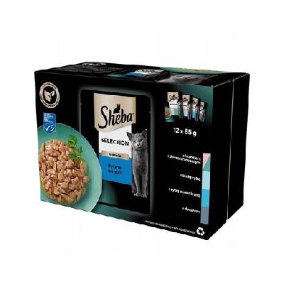 SHEBA Selection Rybie príchute kapsičky 4×12×85g Pre dospelé mačky v omáčke: kúsky s lososom a čiernou treskou, bielou rybou, morskou rybou, treskou