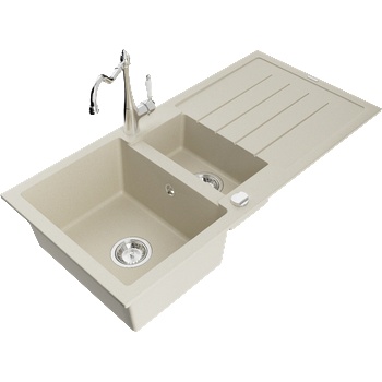 Mexen Andres гранитна мивка 1, 5-камерна с отцедник и кухненски смесител Carla, бежов - 6515-69-670700-00 (6515-69-670700-00)