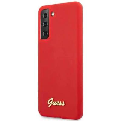 GUESS Silicone Script Metal Logo Silicone Case - дизайнерски силиконов кейс за Samsung Galaxy S21 Plus (червен)