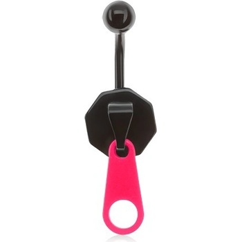 Čierny piercing do pupka z ocele zips s neónovoružovým jazýčkom S58.07