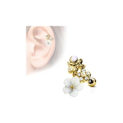 Piercingate činka do ucha kytičky s kamínky PNC00140 Růžové zlato