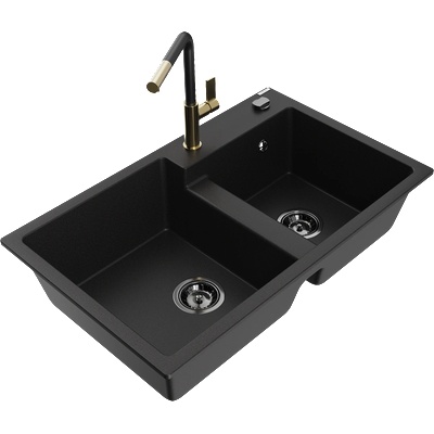 Mexen Tomas двукамерна гранитна мивка с кухненски смесител Flora, черен - 6516-77-670401-57-B (6516-77-670401-57-B)