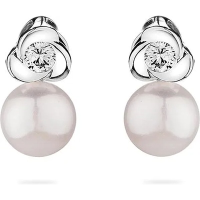 Swan Сребърни обици цвете със сладководна бяла перла и цирконий LAROSE Swan