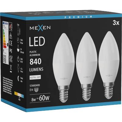 Mexen Nova 3x LED крушка E14, C37, 8W, Неутрална - 4000K, 840 lm - L102-E14-0840-01x03 (L102-E14-0840-01x03)