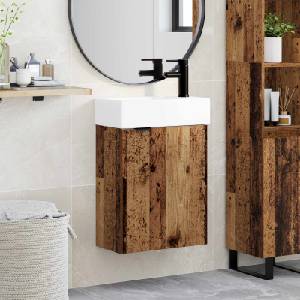 vidaXL Мивка за баня със смесител Старо дърво 45, 5 x 22, 5 x 84 см (889439)
