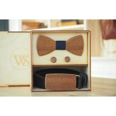 Wood Style Set Kulatý Třešeň opasek motýlek a manžetové knoflíčky Modrotisk