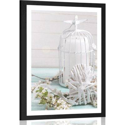 Plakát s paspartou třešňová větvička a bílé lucerničky - 40x60 silver