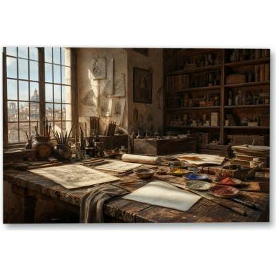 Plakát – Pracovní stůl s kresbami a pigmenty 135 × 90 cm Bez rámu Ne Bez rámu