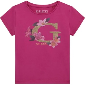 GUESS Цикламена тениска за момиче със златисто G с глитери и цветя Guess