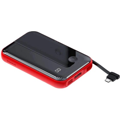 Baseus Mini S Digital Display Power Bank 15W Wireless Charger 10000mAh (PPXF-A09) - външна батерия 10000 mAh с вграден USB-C кабел и USB-C, USB-A и Lightning портове (черен-червен)