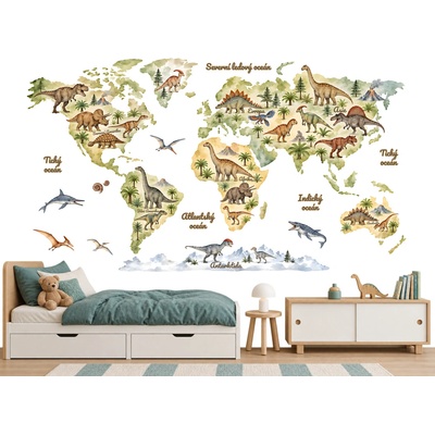Nalepte.cz Akvarelová mapa sveta s dinosaurami nálepky na stenu výsledný rozmer 109 x 62 cm