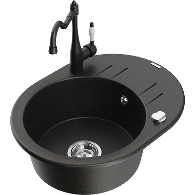 Mexen Kevin мивка от гранит с 1 отделение с отцедник и кухненски смесител Carla, черен/златен металик - 6517-75-670700-70 (6517-75-670700-70)