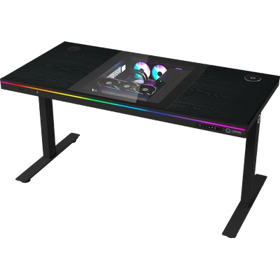 LORGAR Dual-motor sit/stand adjustable-height gaming desk with built-in PC case wireless charger RGB lighting control panel and USB ports wooden tabletop black (LRG-DE90W)