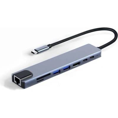 Mobilly USB-C HUB 8in1 (PD 100W, HDMI, RJ45, 2x USB-A, 1x USB-C, четец на карти) (XXX)