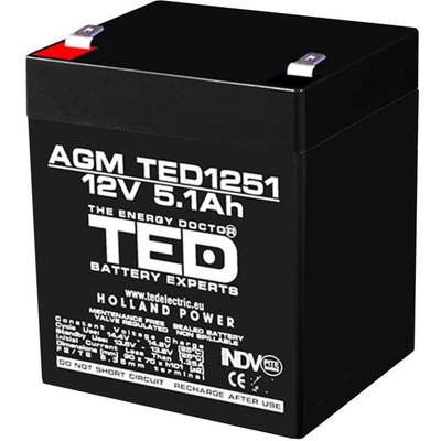 Ted electric Оловна батерия TED ELECTRIC AGM, 12V, 5Ah, 90- 70- 10 1mm, Терминал 2 (TED-12V-5AH)