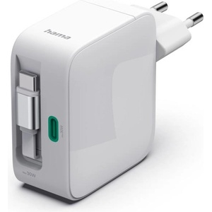 Hama Зарядно HAMA 201956, 30W, GaN, 2x USB-C, с разтегателен кабел 0.7м, бял (201956)
