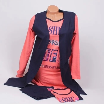 Image 1 of Стилна памучна пижама от пет части в тъмносиньо и коралово