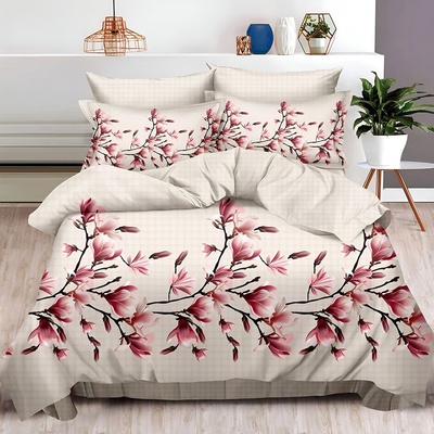 Двулицево спално бельо с ластик Цветя, 6 части, 17914. 200 x 230 см, Бежаво/Розово
