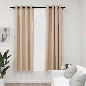 Pure Line Home Завеси с ленена текстура в бежов цвят с метални халки, 2 бр. , 140 x 175 см