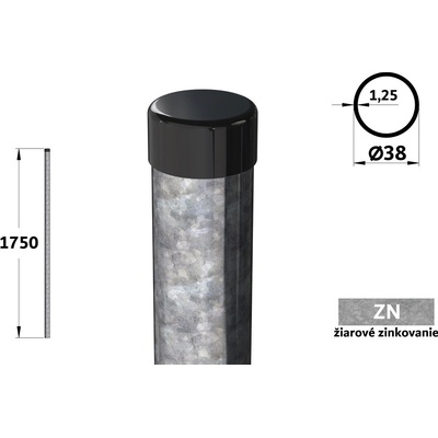 Plotový stĺpik 175 cm, priemer 38 mm, hr. steny 1,25 mm, žiarové pozinkovanie