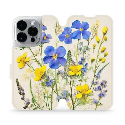 Flipové pouzdro Mobiwear - Apple iPhone 14 Pro - VP41S Modré a žluté kvítky (Knížkové flip pouzdro, obal, kryt na mobil Apple iPhone 14 Pro - VP41S Modré a žluté kvítky, materiál Umělá kůže + TPU - oc